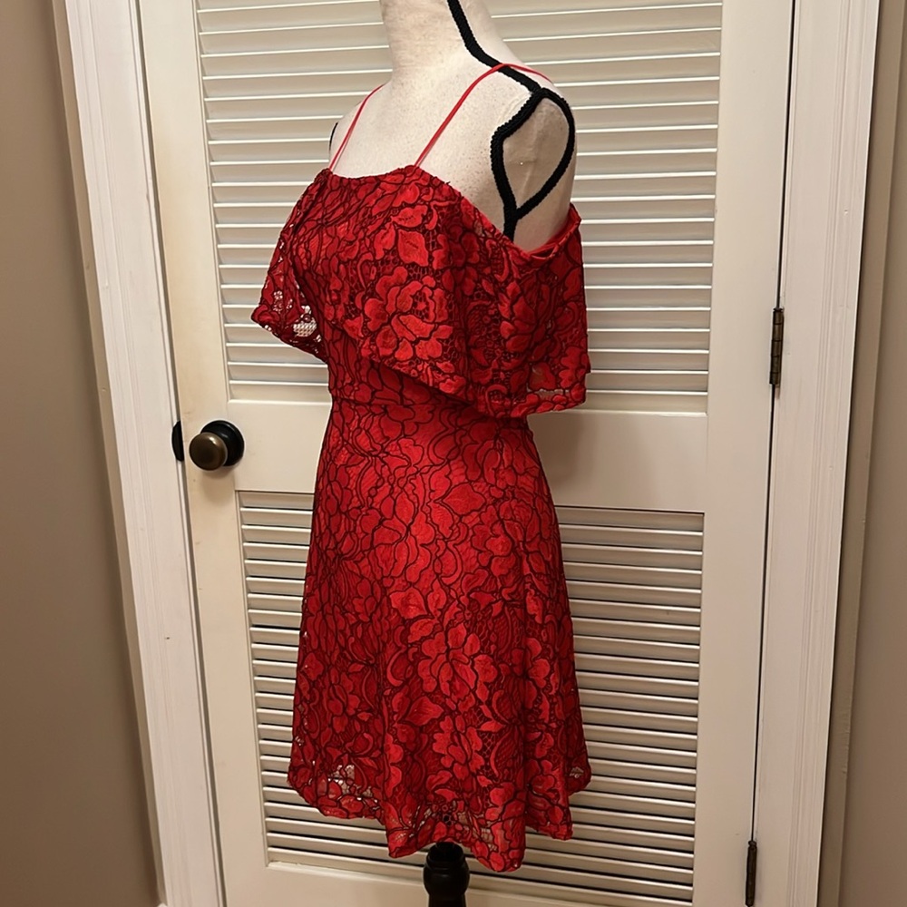 GB Dress~ Elegant Red Lace Off-Shoulder in Red with Black, Size XS, EUC - Picture 8 of 17